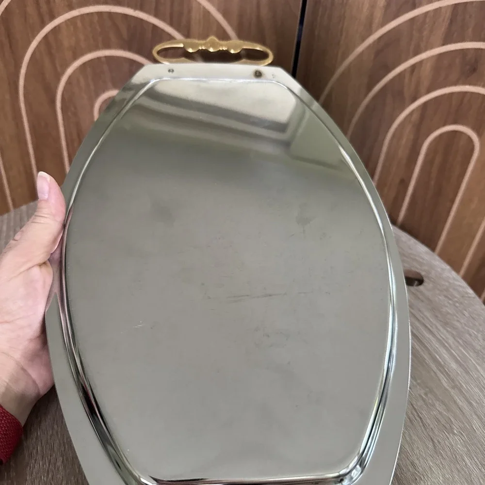 Vintage Kromex Serving Tray Gold Handle Chrome Plated Platter 17